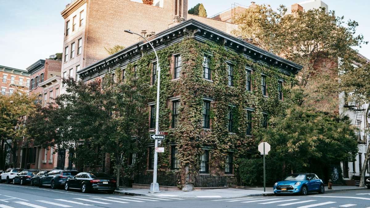 Edificio cubierto por enredaderas, típico de los barrios de Nueva York, con arquitectura clásica