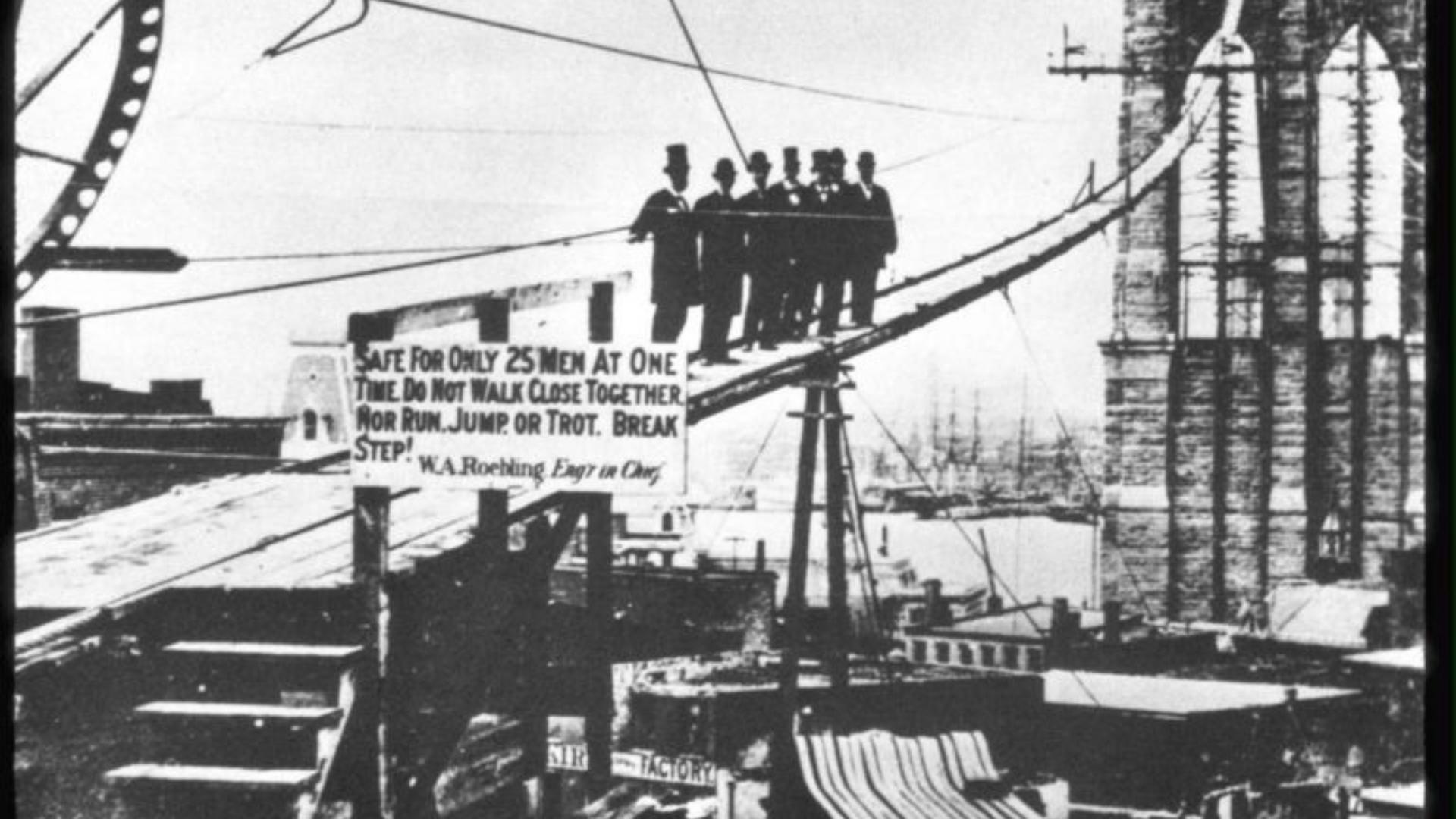 Imagen histórica de los trabajos de construcción del Puente de Brooklyn en Nueva York